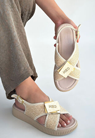 Cate Bej Hasır Cilt Sandalet