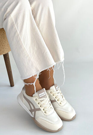 Zlay Bej Cilt Vizon Detaylı Bağcıklı Spor Ayakkabı