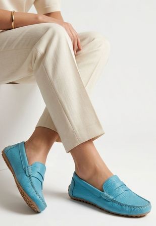 MYS Shoes Hakiki Deri Kadın Babet Ayakkabı Mavi 36 Numara