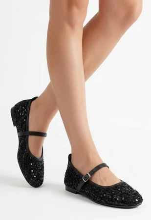 MYS Shoes Dunte Kadın Babet Ayakkabı Siyah Payetli Kemerli 37 Numara