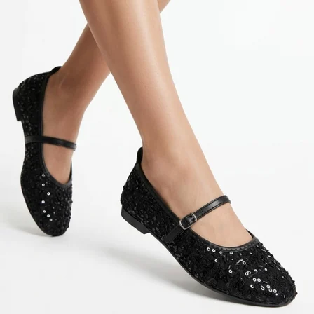 MYS Shoes Dunte Kadın Babet Ayakkabı Siyah Payetli Kemerli 37 Numara