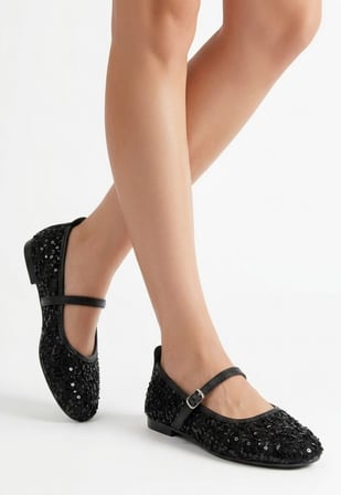 Mys Shoes Kadın Siyah Payetli Bantlı Babet Ayakkabı 38 Numara