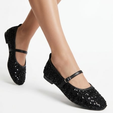 Mys Shoes Kadın Siyah Payetli Bantlı Babet Ayakkabı 38 Numara