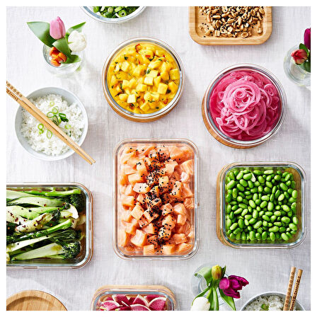 Kapaklı cam saklama kabı, cam-bambu, 1 lt, dikdörtgen