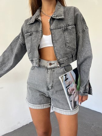 Fermuarlı Çift Cepli Denim Ceket - ANTRASİT - L