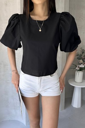 Karpuz Kol Sırtı Fiyonk Detaylı Poplin Bluz - SİYAH
