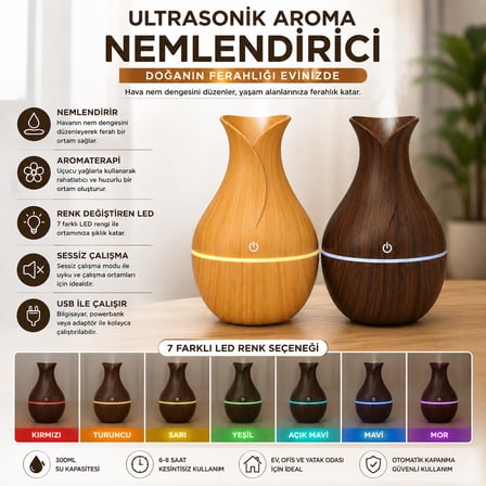 Ahşap Görünümlü Vazo Şeklinde Ultrasonik Hava Nemlendirici Renk Değiştiren LED Işıklı Aroma Difüzör