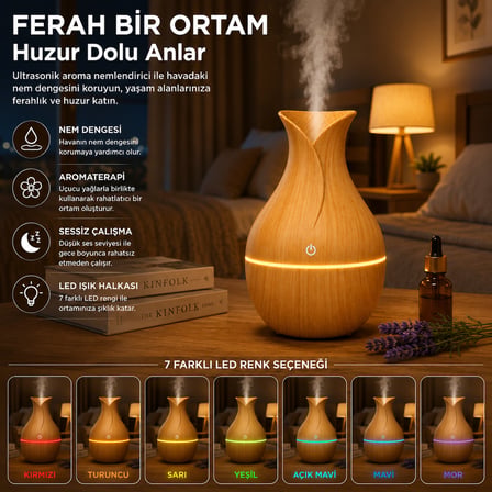 Ahşap Görünümlü Vazo Şeklinde Ultrasonik Hava Nemlendirici Renk Değiştiren LED Işıklı Aroma Difüzör