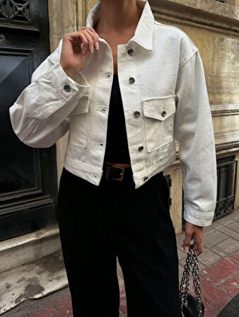 Çift Cep Denim Crop Ceket