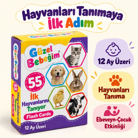 Güzel Bebeğim 55 Parça İlk Hayvanlarımı Tanıyorum Hafıza Kartları - 12 Ay+ Eğitici Bebek Kartları Seti