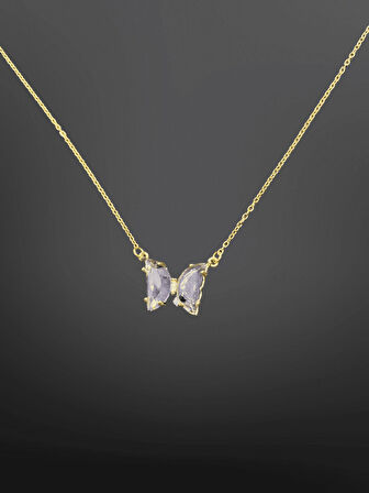 Gold Renk Mor Taşlı Kelebek Figürlü 316L Çelik Kolye 45 cm | Zarif Zincir ile Şık ve Romantik