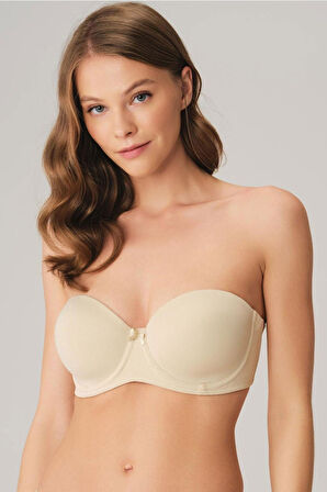 Balenli Desteksiz Dolgusuz Askısız Straplez Yumuşak Süngerli Günlük Klasik T-shirt Sütyeni - Ten - 85C