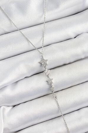 Pirinç Zirkon Taşlı Sıralı Yıldız Figürlü Y Model Gümüş Renk Kadın Kolye