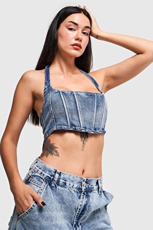 Kadın Mavi Renk İki Parça Çoklu Kullanımlı Esnek Kumaş Denim Büstiyer