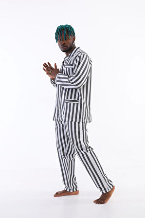 Kocabey 4007 Uzun Kol Çizgili Gaffur Erkek Pijama Takım - Antrasit - L