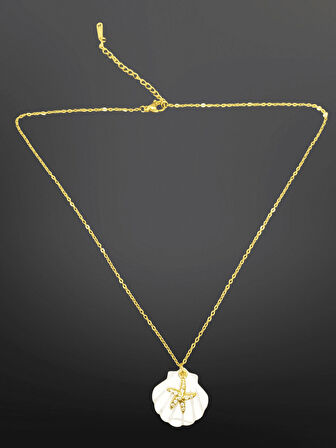 Gold Renk Zincir Midye ve Taşlı Denizyıldızı 316L Çelik Kolye – Yaz Temalı Zarif Takı