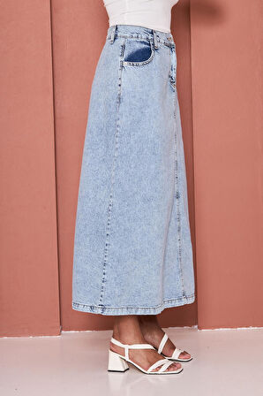 Yüksek Bel A Kesim Cepli Kot Etek – Açık Mavi