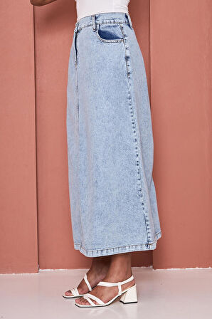 Yüksek Bel A Kesim Cepli Kot Etek – Açık Mavi