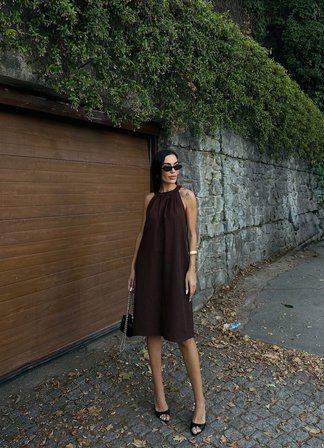 Halter Yaka Dokuma Midi Elbise - KAHVERENGİ - XL