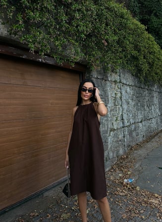 Halter Yaka Dokuma Midi Elbise - KAHVERENGİ - XL