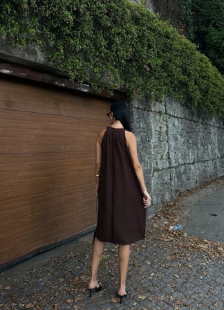 Halter Yaka Dokuma Midi Elbise - KAHVERENGİ - XL