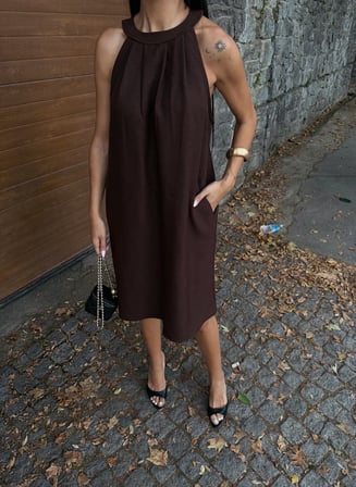 Halter Yaka Dokuma Midi Elbise - KAHVERENGİ - XL