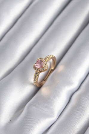 Pirinç Gold Renk Pembe Zirkon Taş Kalp Charm Model Kadın Yüzük - Lisinya
