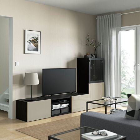 Tv ünitesi, venge-parlak cila-bej-füme cam, 240x42x129 cm, SELSVIKEN/GLASSVIK, çıt çıt raylı