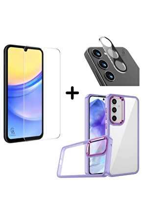 Samsung Galaxy A15 Uyumlu Pastel Renk Telefon Kılıfı Temperli Cam Ekran ve Kamera Koruyucu