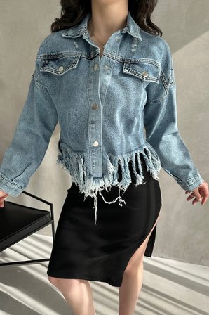 Püskül Detaylı Denim Crop Ceket - MAVİ