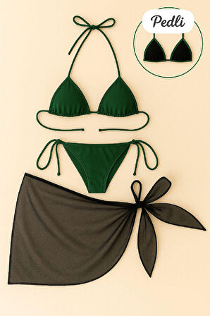 Kadın Yeşil Siyah Pareolu Yandan Ve Boyundan Bağlamalı 3'lü Bikini Takımı - Yeşil - L-XL