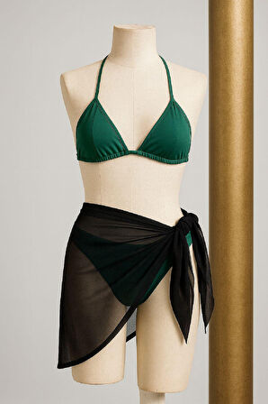 Kadın Yeşil Siyah Pareolu Yandan Ve Boyundan Bağlamalı 3'lü Bikini Takımı - Yeşil - L-XL