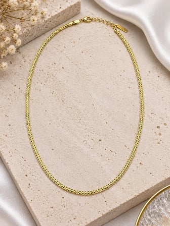 💎 Premium Parlak ve Şık Gold Renk Örgü Zincir 316L Kadın Çelik Kolye (45cm)
