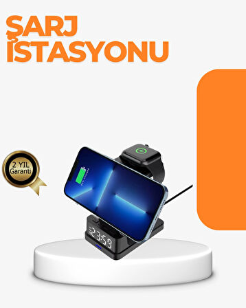4’ü 1 Arada Kablosuz Şarj İstasyonu – LED Saat Ekranlı, Apple Uyumlu, Akıllı Güvenlik Koruması