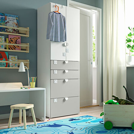 Çocuk gardırobu, beyaz-gri, 60x42x181 cm, 4 çekmeceli