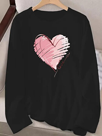 Kadın Uzun Kollu Bisiklet Yaka Kalp Desenli Viskon Bluz