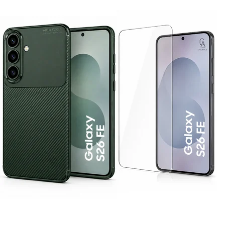 Samsung Galaxy S26 FE Uyumlu Karbon Tasarım Silikon Telefon Kılıfı ve Temperli Cam Ekran Koruyucu