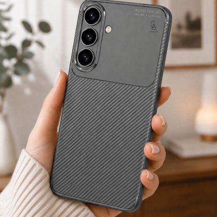 Samsung Galaxy S26 FE Uyumlu Karbon Tasarım Silikon Telefon Kılıfı ve Temperli Cam Ekran Koruyucu