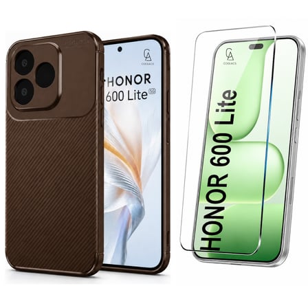 Honor 600 Lite Uyumlu Karbon Tasarım Silikon Telefon Kılıfı ve Temperli Cam Ekran Koruyucu