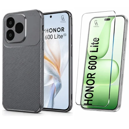 Honor 600 Lite Uyumlu Karbon Tasarım Silikon Telefon Kılıfı ve Temperli Cam Ekran Koruyucu