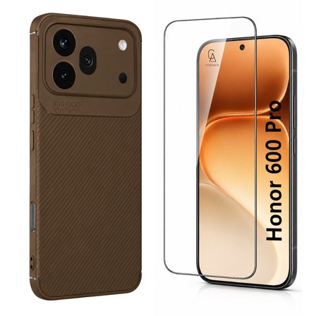 Honor 600 Pro Uyumlu Karbon Tasarım Silikon Telefon Kılıfı ve Temperli Cam Ekran Koruyucu