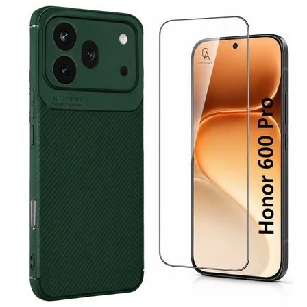 Honor 600 Pro Uyumlu Karbon Tasarım Silikon Telefon Kılıfı ve Temperli Cam Ekran Koruyucu