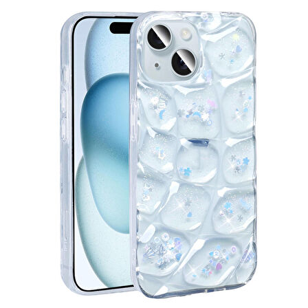 Apple iPhone 14 ile Uyumlu 3D Kabartmalı Simli Yumuşak Tam Koruma Telefon Kılıfı Kapak