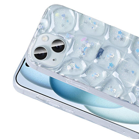 Apple iPhone 14 ile Uyumlu 3D Kabartmalı Simli Yumuşak Tam Koruma Telefon Kılıfı Kapak
