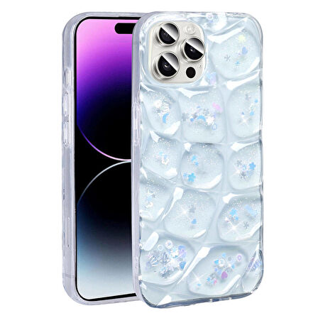 Apple iPhone 14 Pro Max ile Uyumlu 3D Kabartmalı Simli Yumuşak Tam Koruma Telefon Kılıfı Kapak