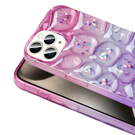 Apple iPhone 15 Pro Max ile Uyumlu 3D Kabartmalı Simli Yumuşak Tam Koruma Telefon Kılıfı Kapak