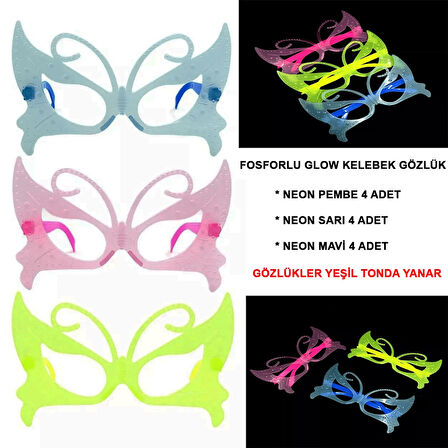 Fosforlu Kelebek Model Glow Parti Gözlüğü Karanlıkta Yanan Gözlükler 12 Adet - Lisinya