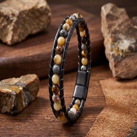 💎 Premium 6Mm Yemen Akik Deri Kordon Ve Çelik Bileklik 31832B2D6M19 - 21 cm