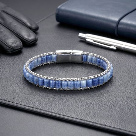 💎 Premium Mavi Aventurin Doğal Taşlı Hasır Örgü Zincirli Erkek Çelik Bileklik 31832B28D12 - 21 cm
