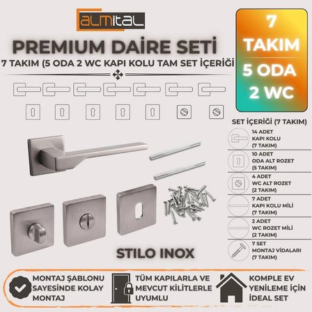 Stilo Inox 5 ADET ODA 2 ADET WC Kare Rozetli Kapı Kolu SET